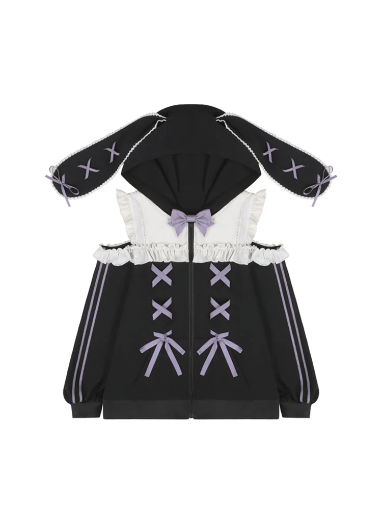 Original japonês doce legal menina coelho orelha hoodies laço-up arco fora do ombro manga longa solto moletom jaquetas feminino outono