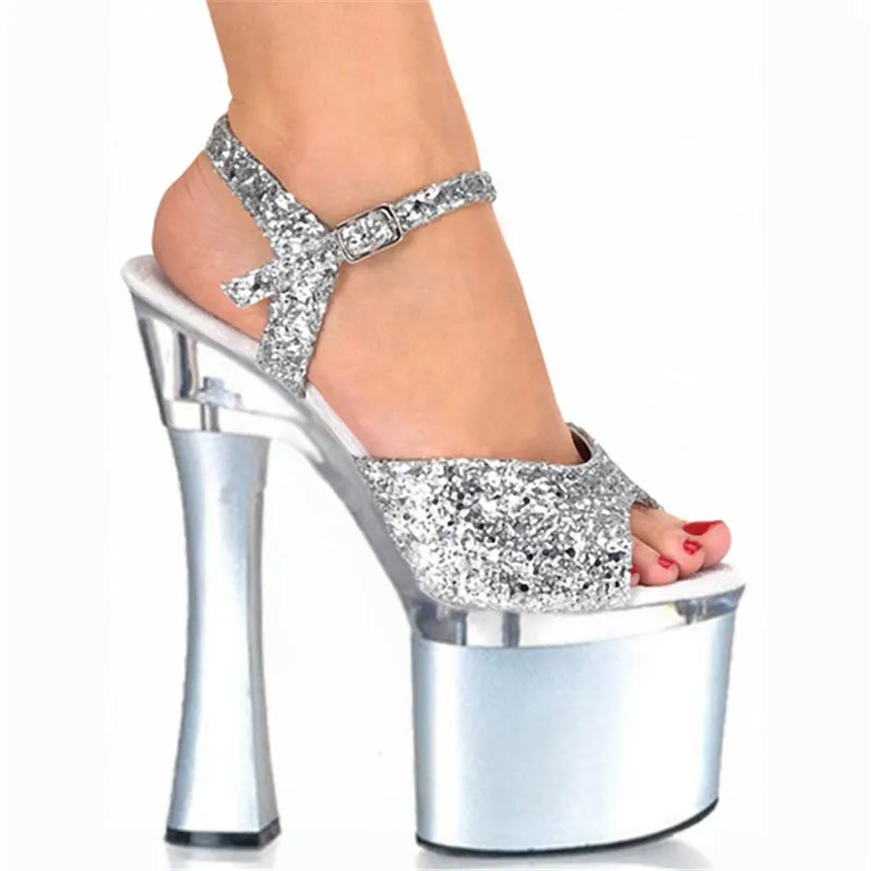 

Новые блестящие серебряные сандалии на очень высоком каблуке 18 см на платформе для танцев на пилоне/выступления/звезды/модельные сандалии для вечеринок