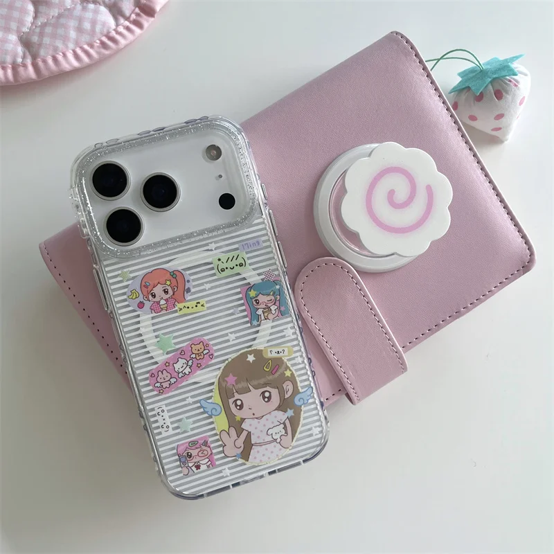 

Kawaii Cartoon Girl Sticker Magnetic Phone Case For iPhone 17 16 15 Pro Max Cute Shockproof Protective Cover For Magsafe For Gir