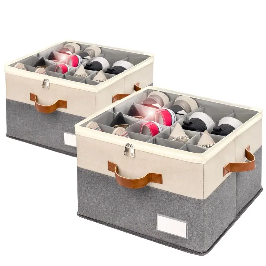

Shoe Organizer for Closet, Foldable Shoe Storage Bins with Clear Cover, Space Saving Shoes Holder with 4 Handles, Large Adjustab