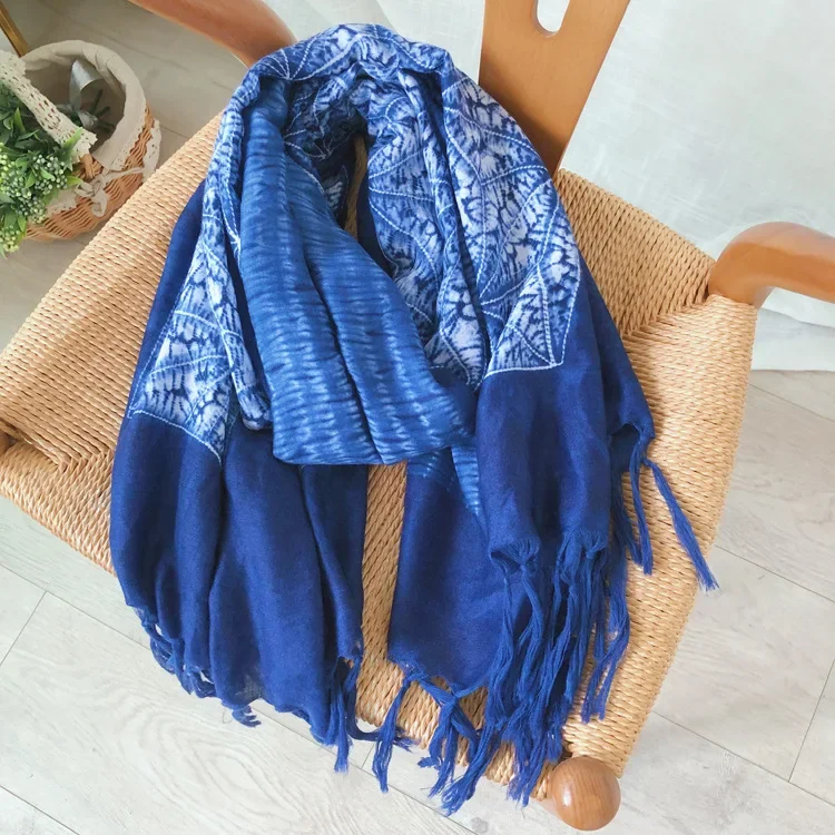 Casual New Beach Cover Up Pashmina Tassel Blue And White Porcelain Kimono Swimwear Women Bathing Suit Beachwear Saida De Praia