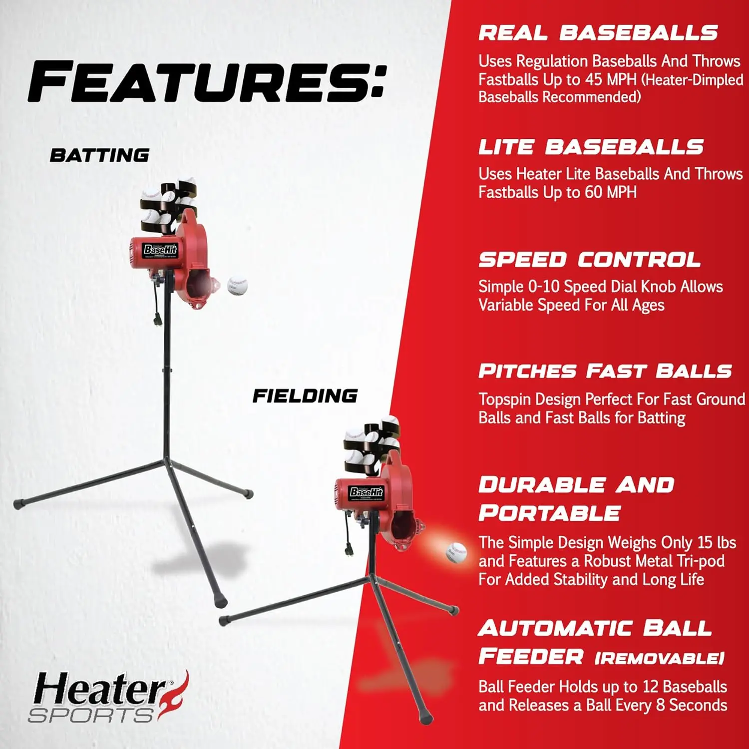 Máquina lanzadora de béisbol ajustable Sports Base Hit Lite: velocidad de lanzamiento de 45 MPH, incluye alimentador automático de pelotas, Extrem