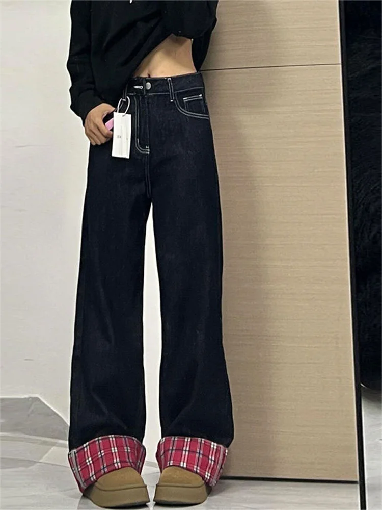 Botvotee Retro Streetwear Y2k Plaid Patchwork Jeans für Frauen Breite Bein Baggy Gerade Hohe Taille Dunkelblau Denim Jeans Weibliche