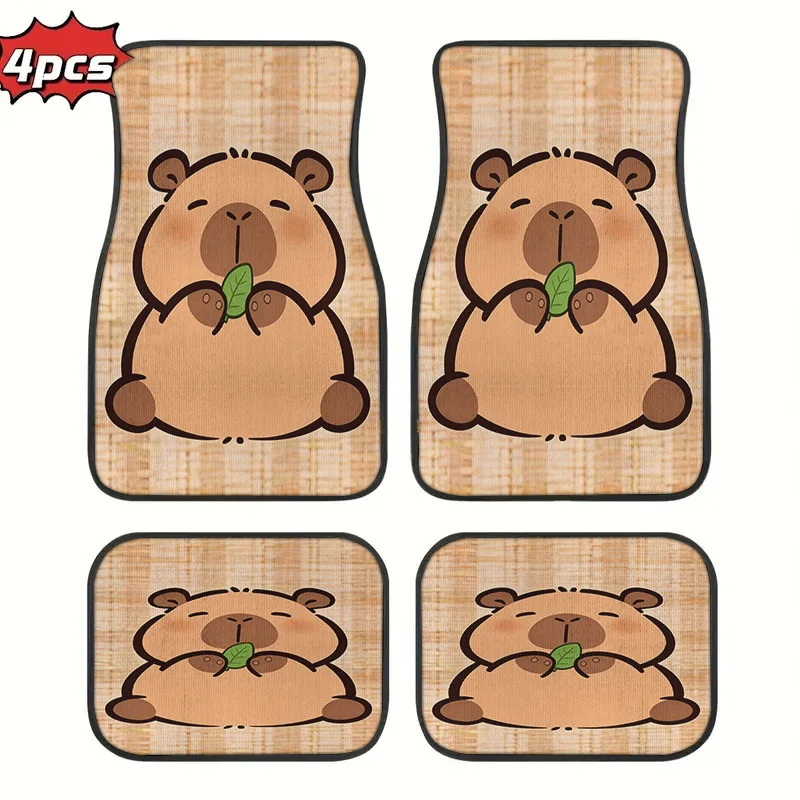 

Set of 4 Universal Car Floor Mats Featuring an Adorable Cartoon Capybara with a Leaf, Perfect for Cute Animal-Themed Car