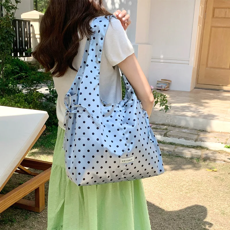 Spring Simplicity Shiny Satin Polka Dot Drawstring Bow Bag for Girl Korean Sweet Style Large Capacity Shoulder Tote for Women