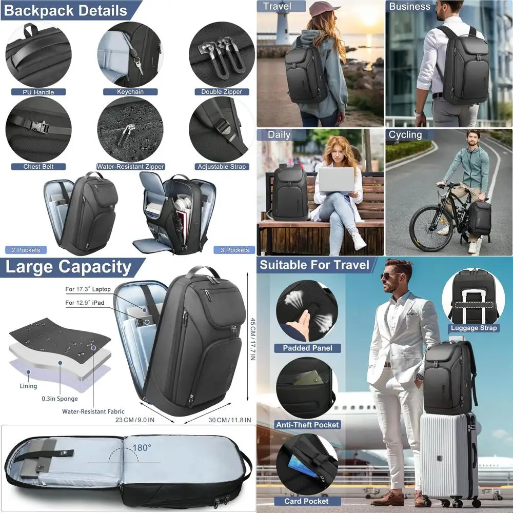 hk BusinSmart 백팩 또는 남성용 도난 방지 또는 17.3인치 노트북용 USB 충전 포트 포함 방수 대용량 내구성 컴팩트 30L 또는