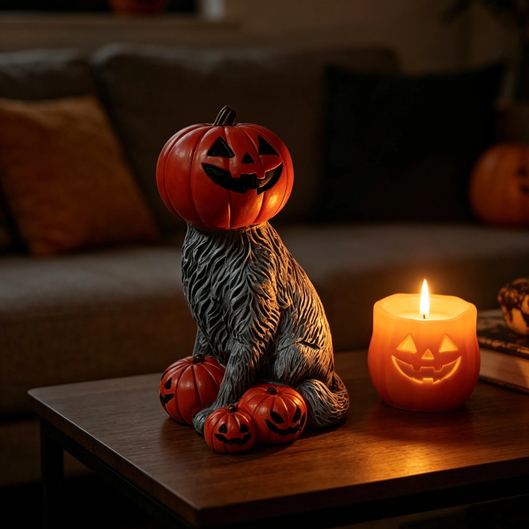 Red Pumpkin Ghost Face Cat Resin Tabletop Mini Ornament, a Hot New Item for Halloween Atmosphere! Made of Thick, Sturdy, High-Density Resin, It Can Be Used as a Decorative Piece for Bedroom Cabinets, Coffee Table Sides, Trendy Shop Bar Counters, and as a Theme Display Prop for Halloween Commercial Stores, or as a Unique and Quirky Pumpkin Cat Decoration Suitable for American Retro Homes and Commercial Spaces