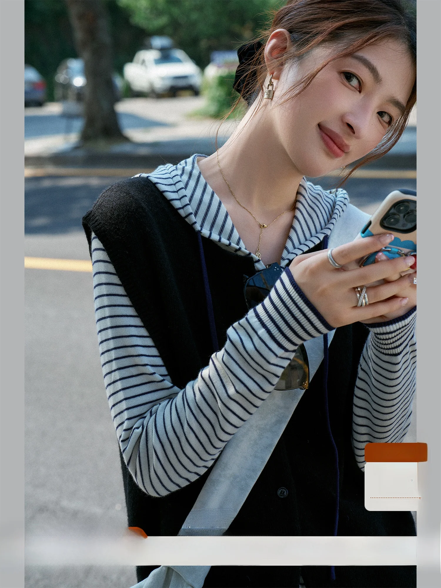 

Striped Hoodie Knitted Zipper Workwear Lace Trim Cardigan Women's Cotton Blend Long Sve Loose Fit Spring Faion