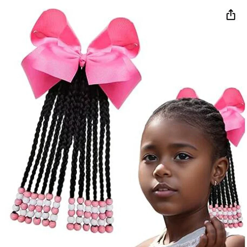 Kids Ponytail With Beads Braids Hair Extension Detachable  Curly Hairpieces With Bows Protective Easy Hairstyle For Girls