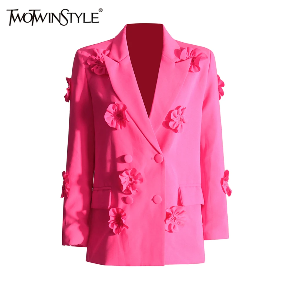 TWOTWINSTYLE temperamento solido elegante blazer per le donne colletto dentellato manica lunga dimagrante impiombato Appliques cappotto femminile