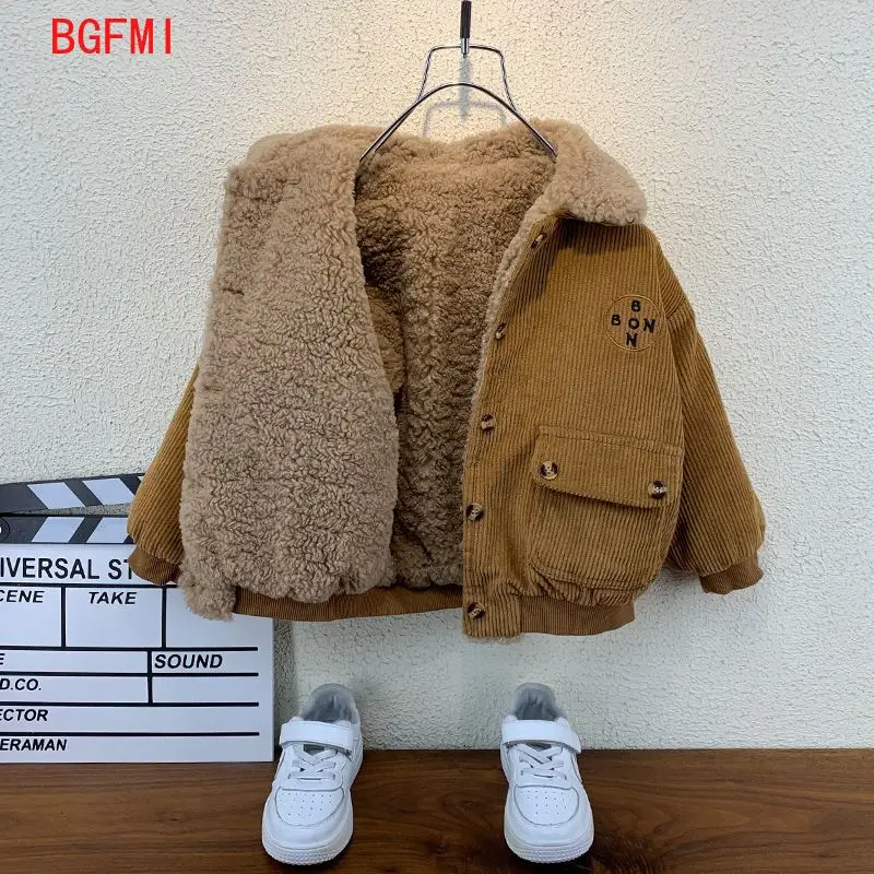 2026 Winter Kinder Cordmantel mit Plüschfutter, dicke Jacke für Jungen und Mädchen mit Umlegekragen, warme Fleece-Oberbekleidung für Babys, Kinderkleidung 2-10 Jahre