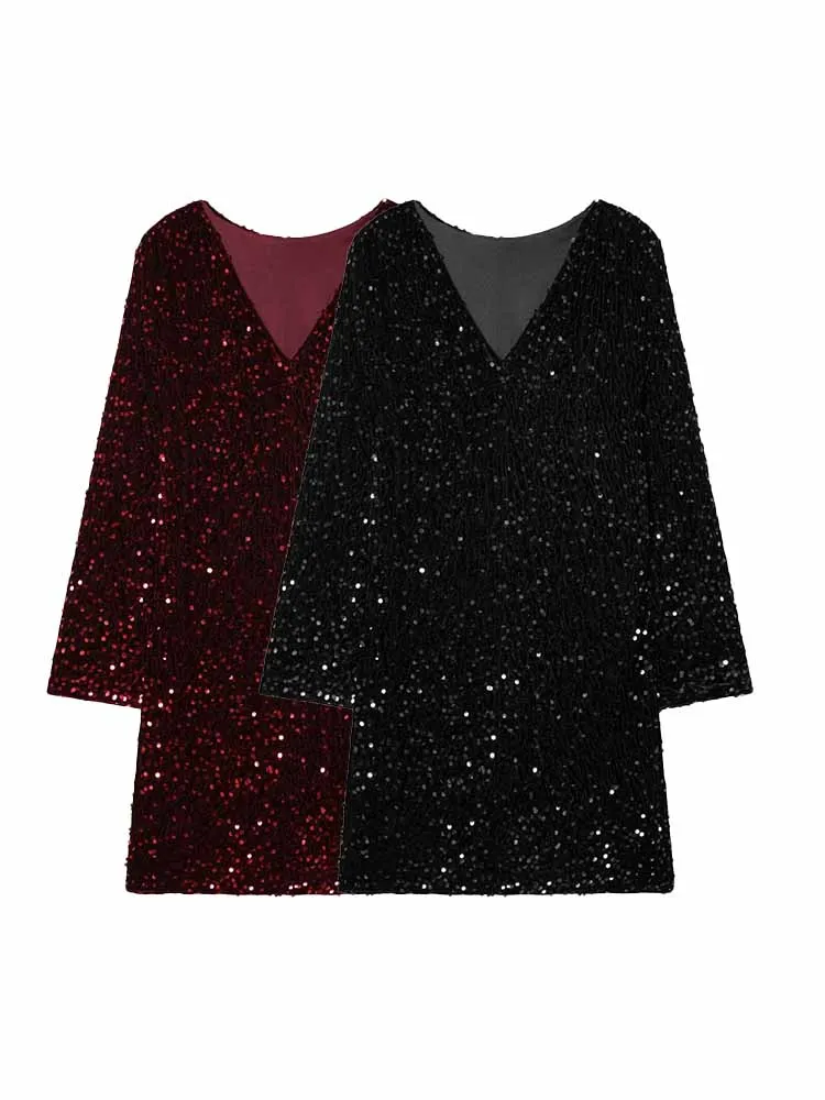 

HH Новое женское летнее модное вечернее платье с длинными рукавами и v-образным вырезом, повседневное короткое платье с блестками, женское элегантное сексуальное платье миди