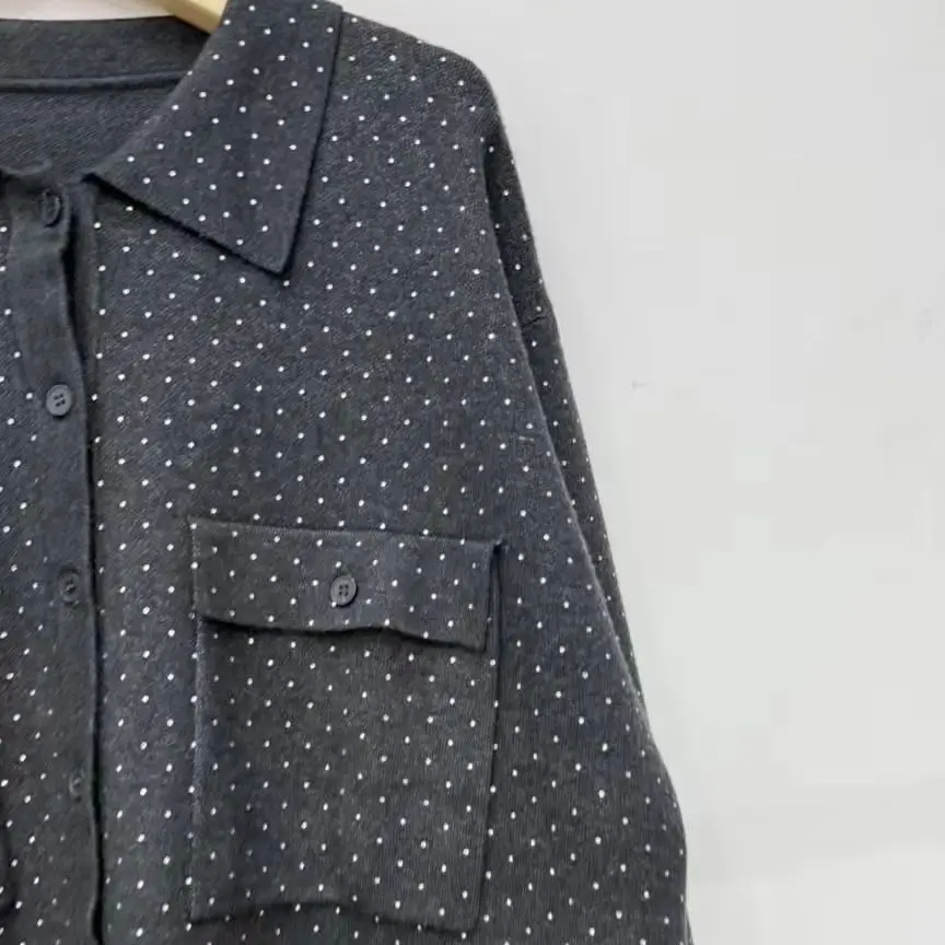 

Fall/Winter Women Turn-down Collar Long Sleeve Polka Dot Solid Knit Set Single Breasted Knitwear Shirt + Hign Waist Wide Pants