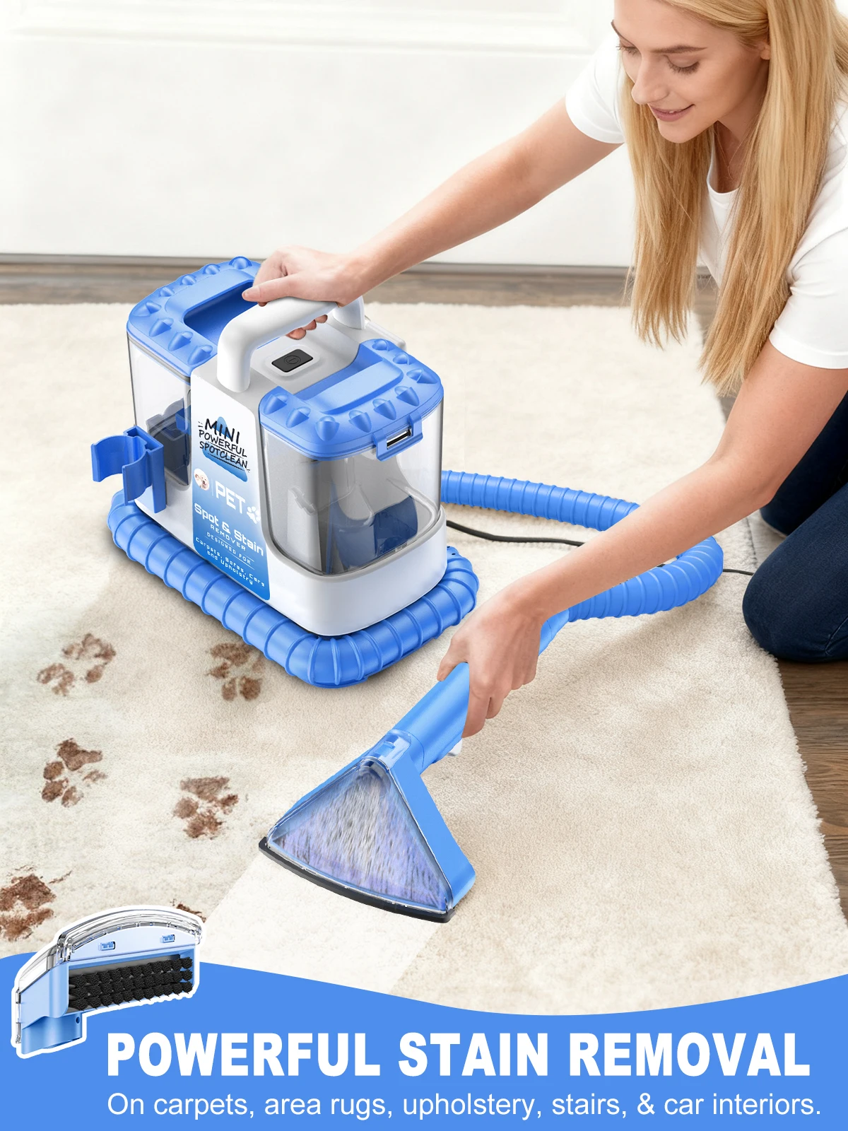 Carpet Cleaner Machine, 20Kpa 600W Powerful Suction w/ 5 Cleaning Tools, Lightweight for Rug, Carpet, Car Seats, Pets, Stairs