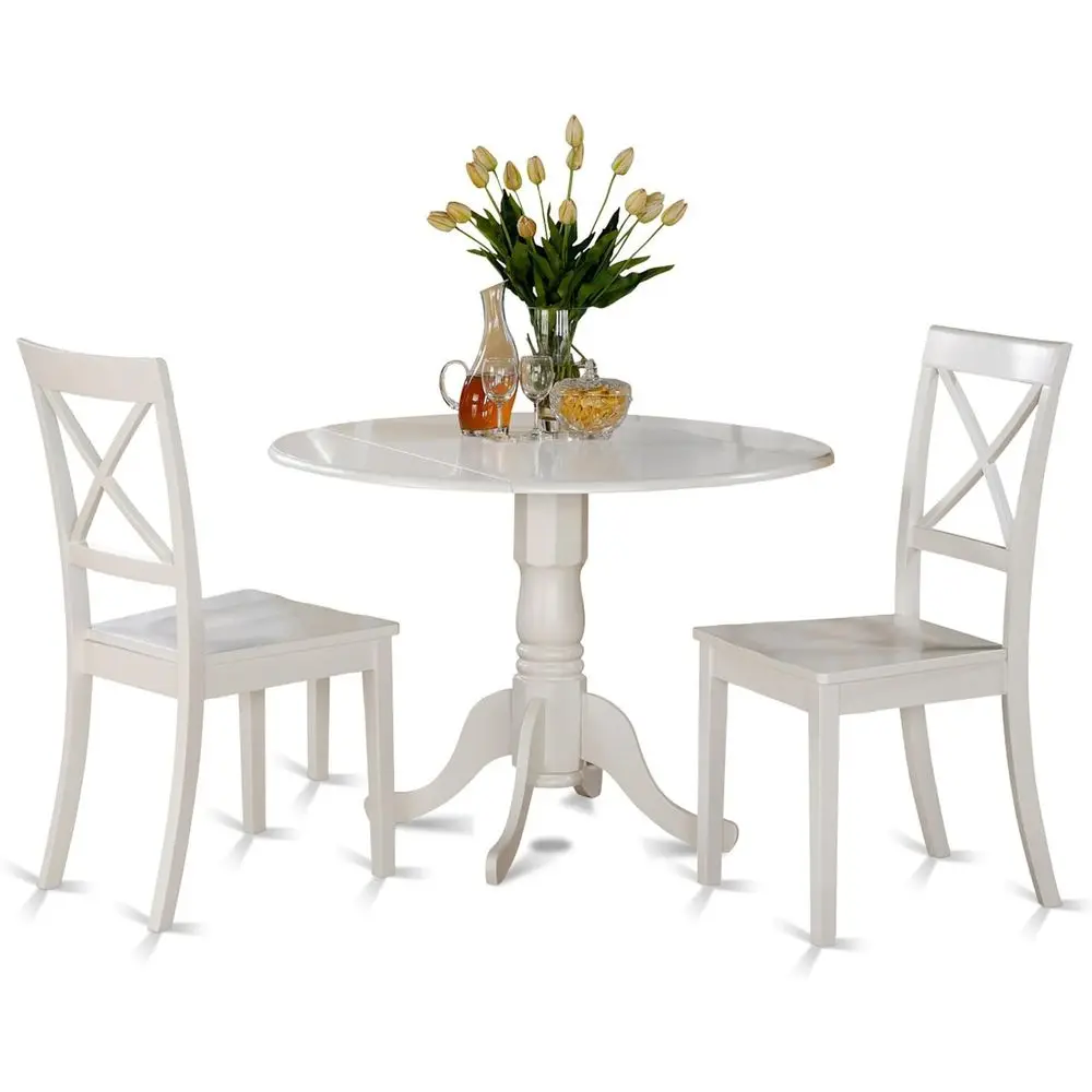 

3-Piece Dining Set: Round Dropleaf Table and 2 Chairs, 42x42 Inches, Linen White