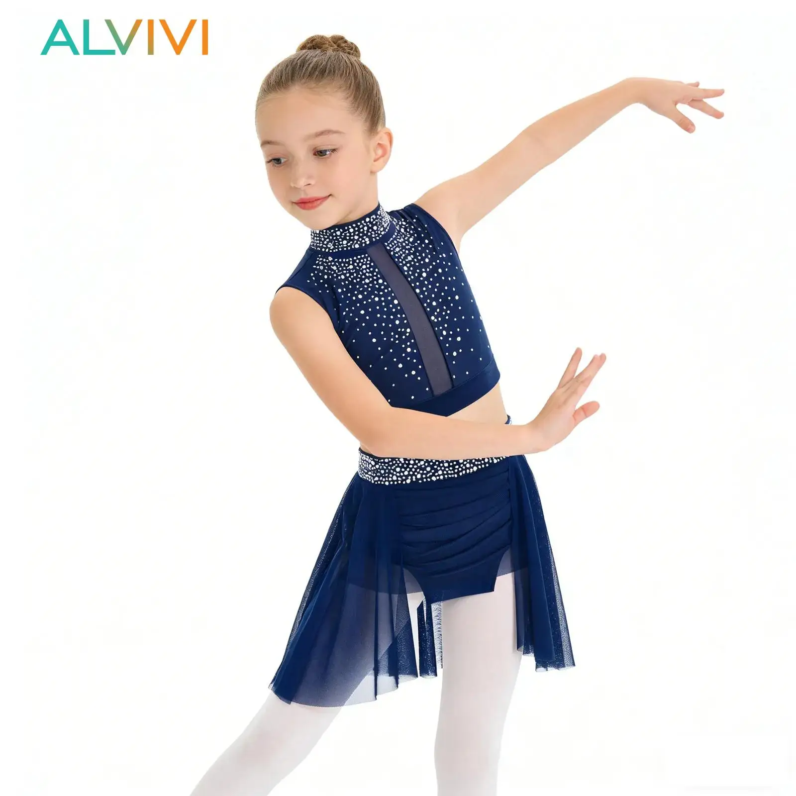 Kids Girls Glittering Ballet Latin Dance Outfits Performance Costume Shiny Rhinestones Crop Top with Ruched Irregular Skirt