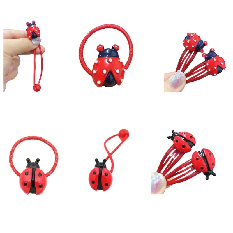 S1Y1 Cool Girls Hair Clip/Hair Rope Red Ladybird Stereo Hairpin Elastic Hair Rope for Teens Hair Styling Supplies