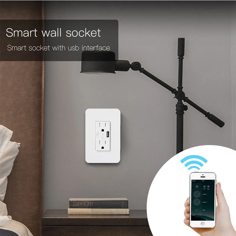 Wifi Smart Wall Power Outlets Plug with 2 USB Socket Smart Life/Tuya APP Remote Control Anywhere Work with Alexa Google Home