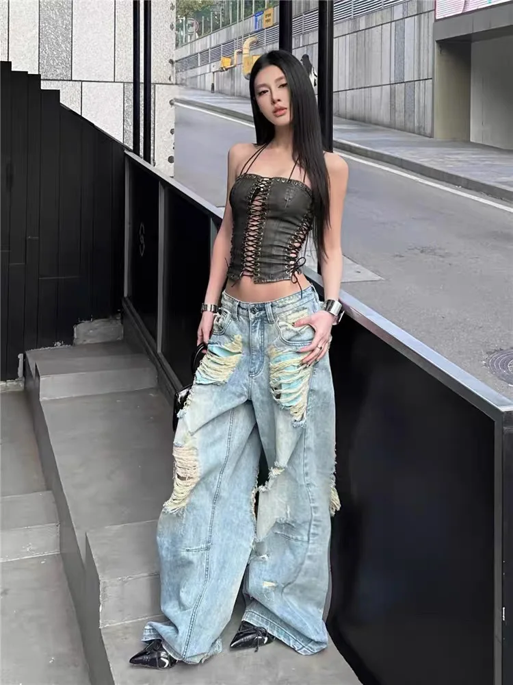 HOUZHOU Y2k Vintage Blue Ripped Hole Women Jeans Washed Low Waist Wide Leg American Style Denim Pants Baggy Hip Hop High Street