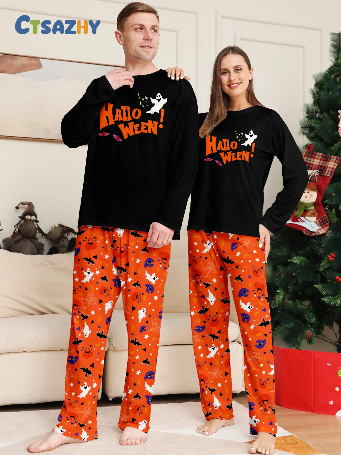 

Halloween Couple Sleepwear Set "Halloween" Ghost Bat Pumpkin Print Black Top & Orange Pants Pajamas