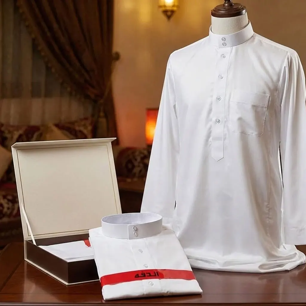 Tradicional Qatar Thobe para Homens – Gola Design de Bolso Roupas Árabe do Oriente Médio