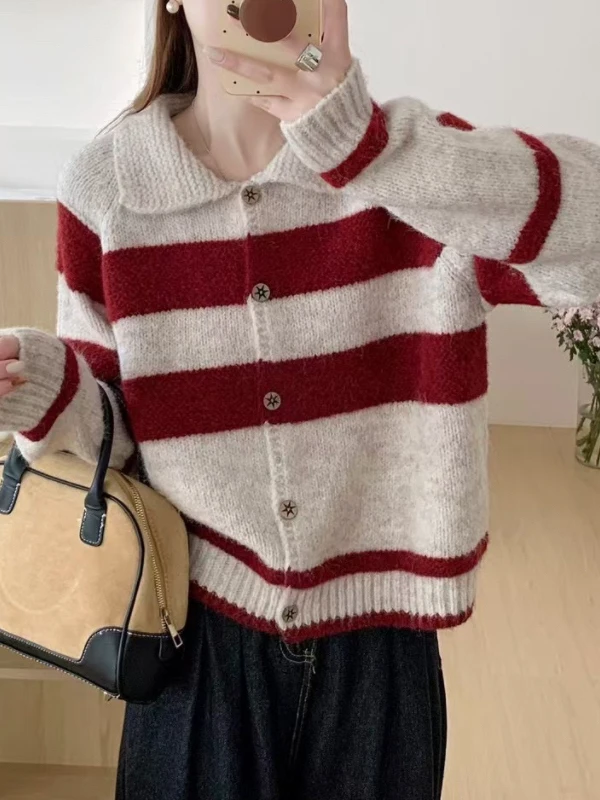 

Ретро корейский полосатый свободный женский трикотажный кардиган, повседневный длинный свитер с воротником-стойкой, осень-зима, модный маленький размер