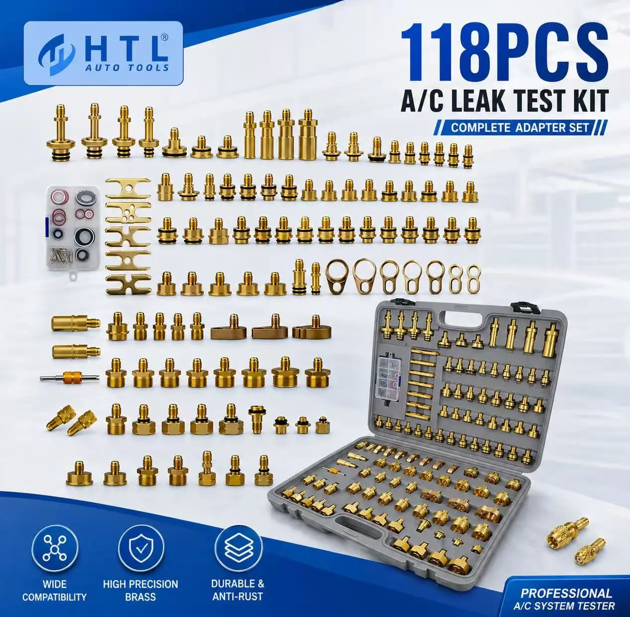 118Pcs Automotive Air Conditioning Leak Test Brass Adapter Kit Car A/C System Leak Detection Refrigerant Repair Fitting Tools