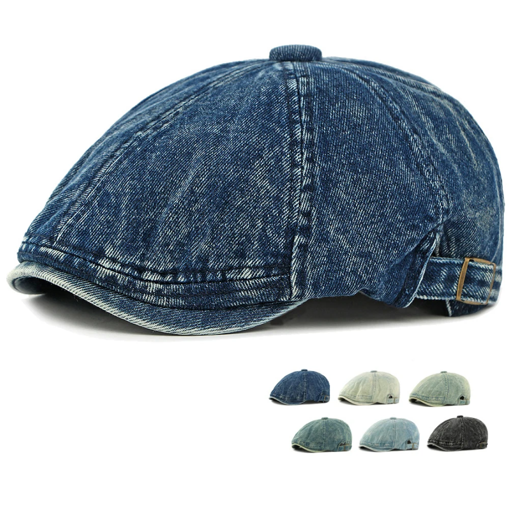 

HT5045 Mens Beret Women New Spring Autumn Denim Beret Hat 100% Cotton Adjustable Artist Flat Cap Male Female Octagonal Beret Cap