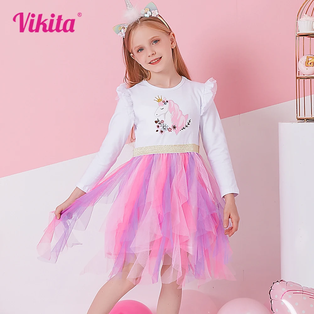 

VIKITA Kids Long Sleeve Autumn Spring Dress Girls Licorne Flower Print Cartoon Dress Girls Irregular Mesh Tulle Princess Dresses