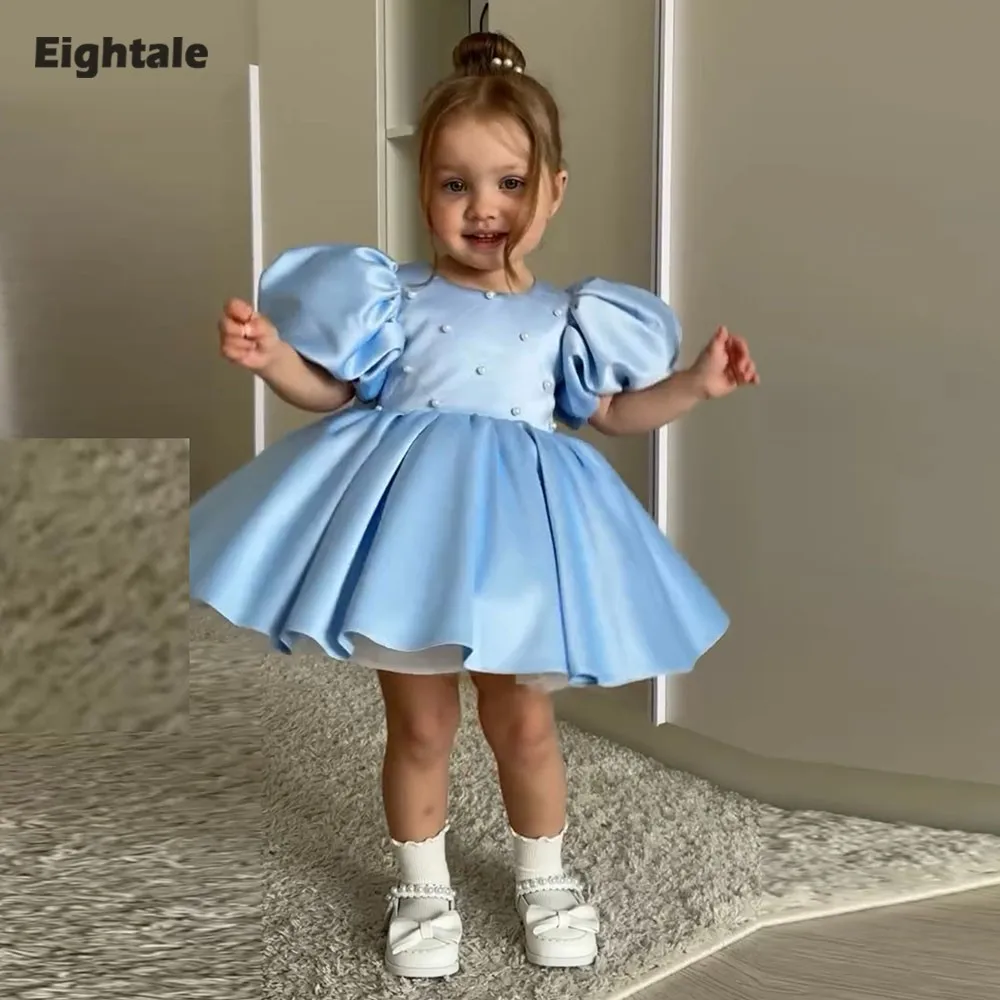 

Arabic Flower Girl Dresses O-Neck Beaded with Pearls Customized Blue First Communion Girl Party Gown Children Birthday Dresses