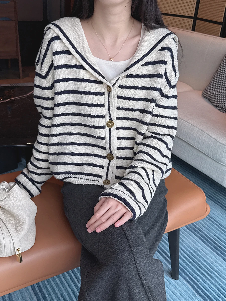 

Вязаный свитер из чистого хлопка с полосками и буквенным принтом, с воротником в стиле «морской», сине-белый, свободного кроя, для старшей сестры, весна