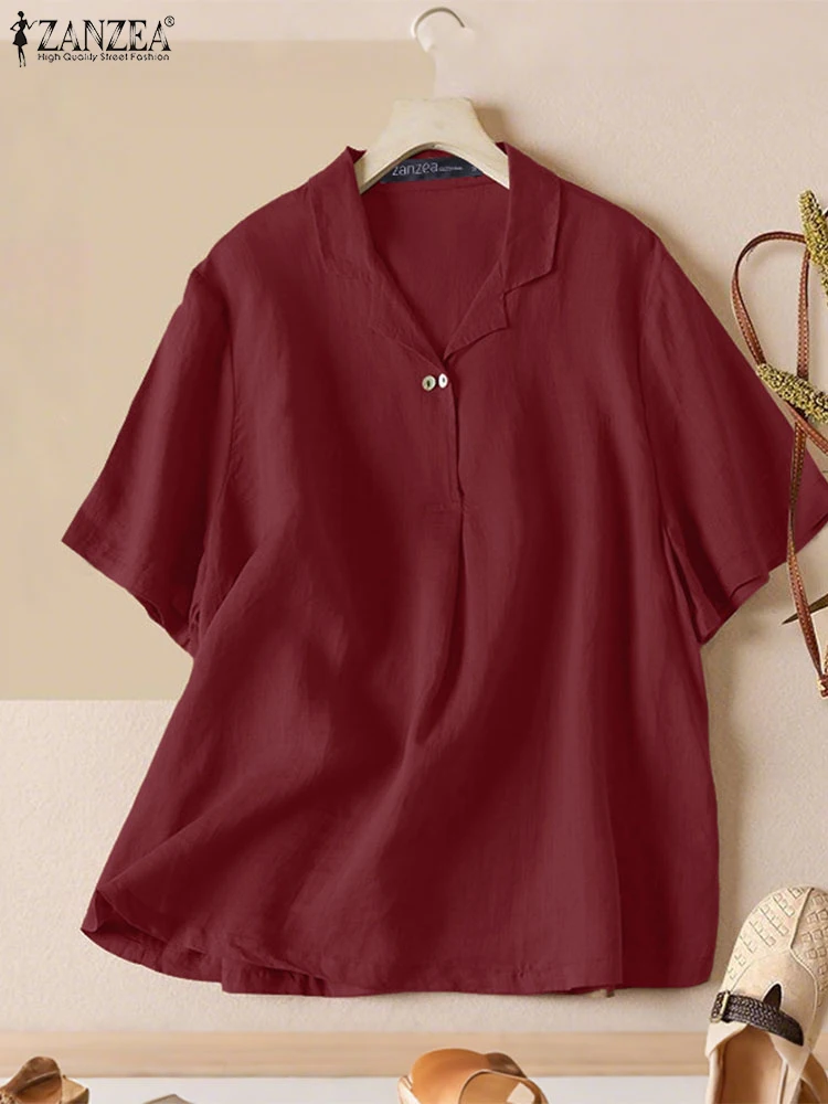 ZANZEA Casual ผู้หญิงเสื้อสีทึบ Breathable Turn-Down COLLAR วันสวมใส่ Basic เสื้อผ้าฝ้ายครึ่งแขนฤดูร้อน Blusas Mujer