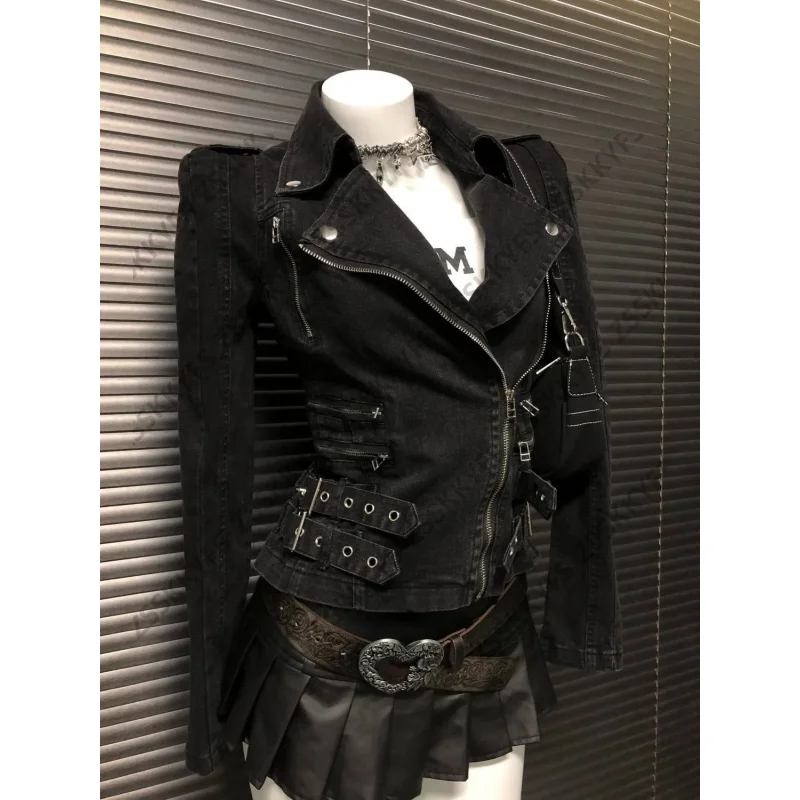 

Зимняя куртка-поло в стиле мото и байкерской одежды, винтажная одежда в стиле 90-х, женская ковбойская куртка с длинными рукавами, на молнии, с капюшоном, в стиле панк-готика, толстовка для девушек