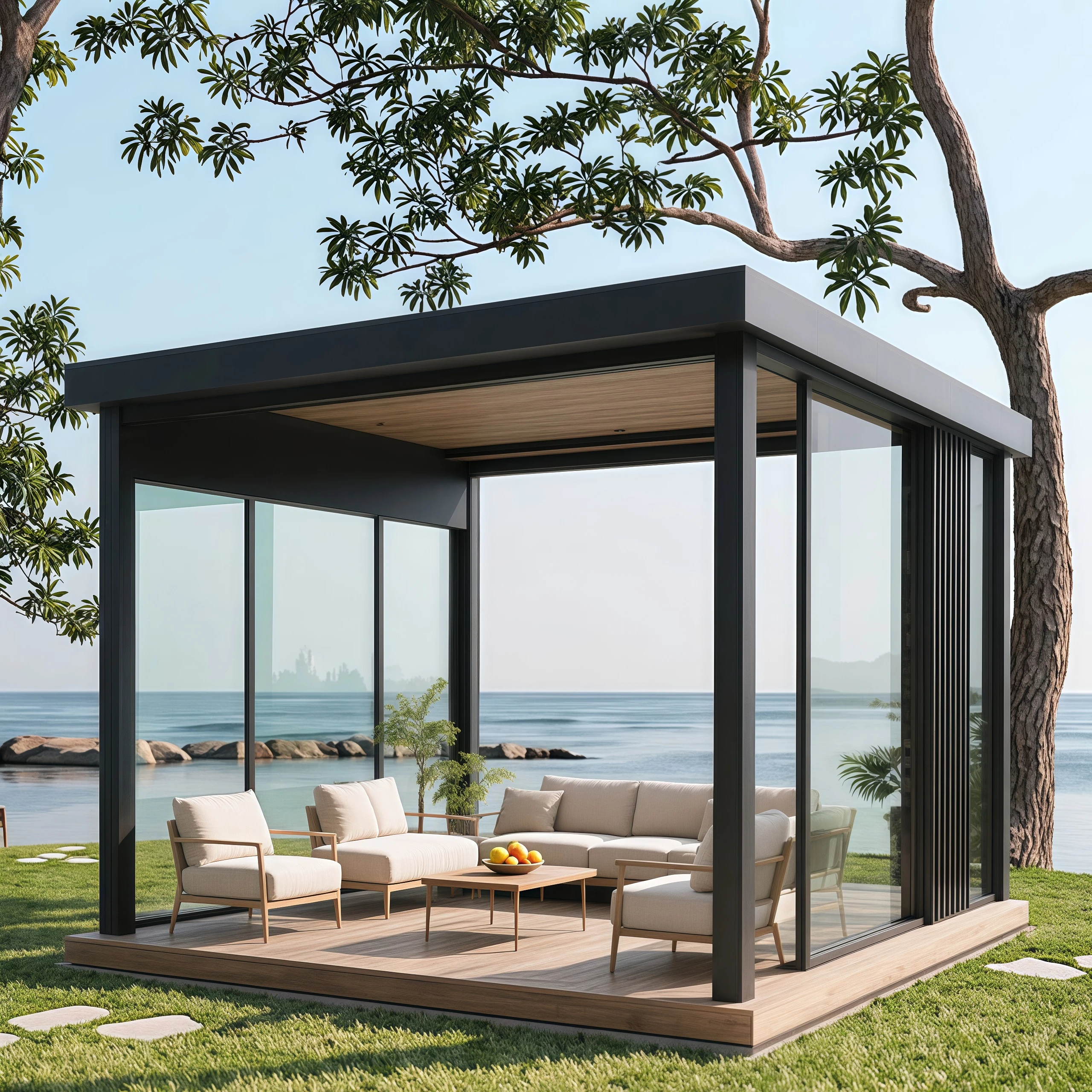 Motorized Aluminum Louvred Pergola with Tempered Glass Door Gazebo for Luxury Villa Pool Garden Outdoor Living Pavilion Pro