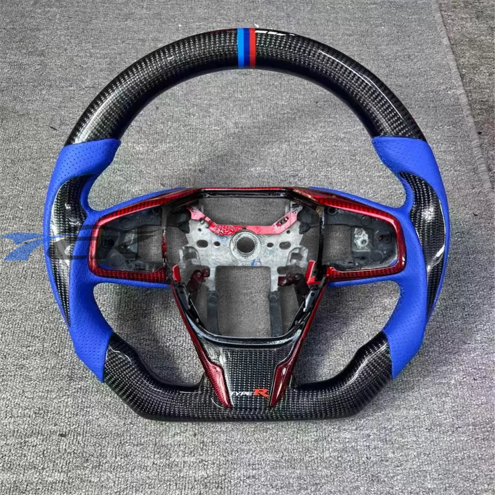 

Custom Carbon Fiber Blue Perforated Leather Steering Wheel For 2016 2017 2018 2019 2020 2021 Honda Civic