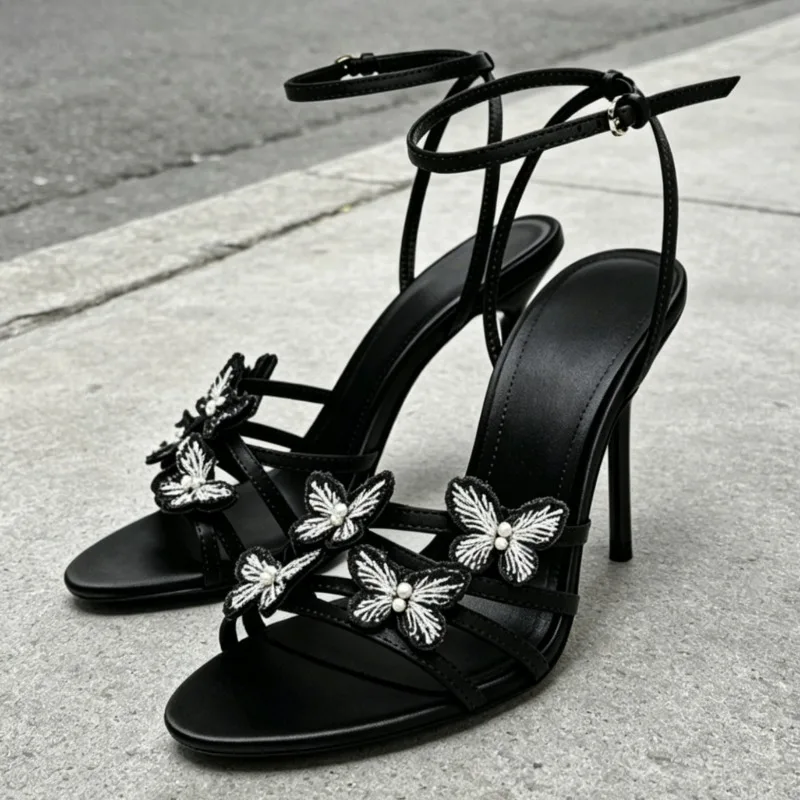 Elegant Butterfly Detail High-heeled Sandals Women 2026 Stylish Green Satin Ankle Strap Stiletto Heels Sexy Party Dress Shoes image 2