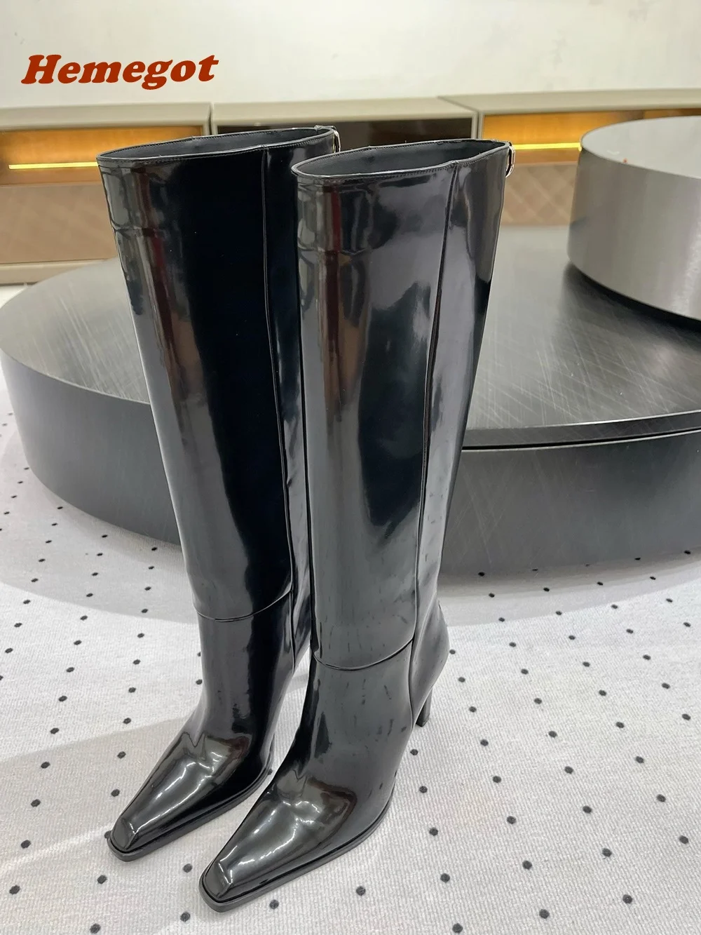 Black Glossy Square Toe Boots Thin Heels Back Zipper Knee High Boots for Women Winter 2024 New Luxury Runway Shoes Warm Solid