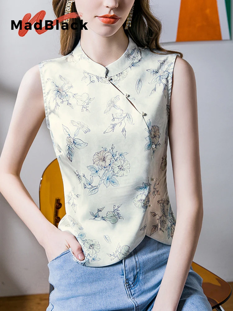 

MadBlack Chinese Clothes Tank Tops Women Sexy Mandarin Collar Print Zipper Slim Tops Sleeveless Workwear Tee Summer T43459JC