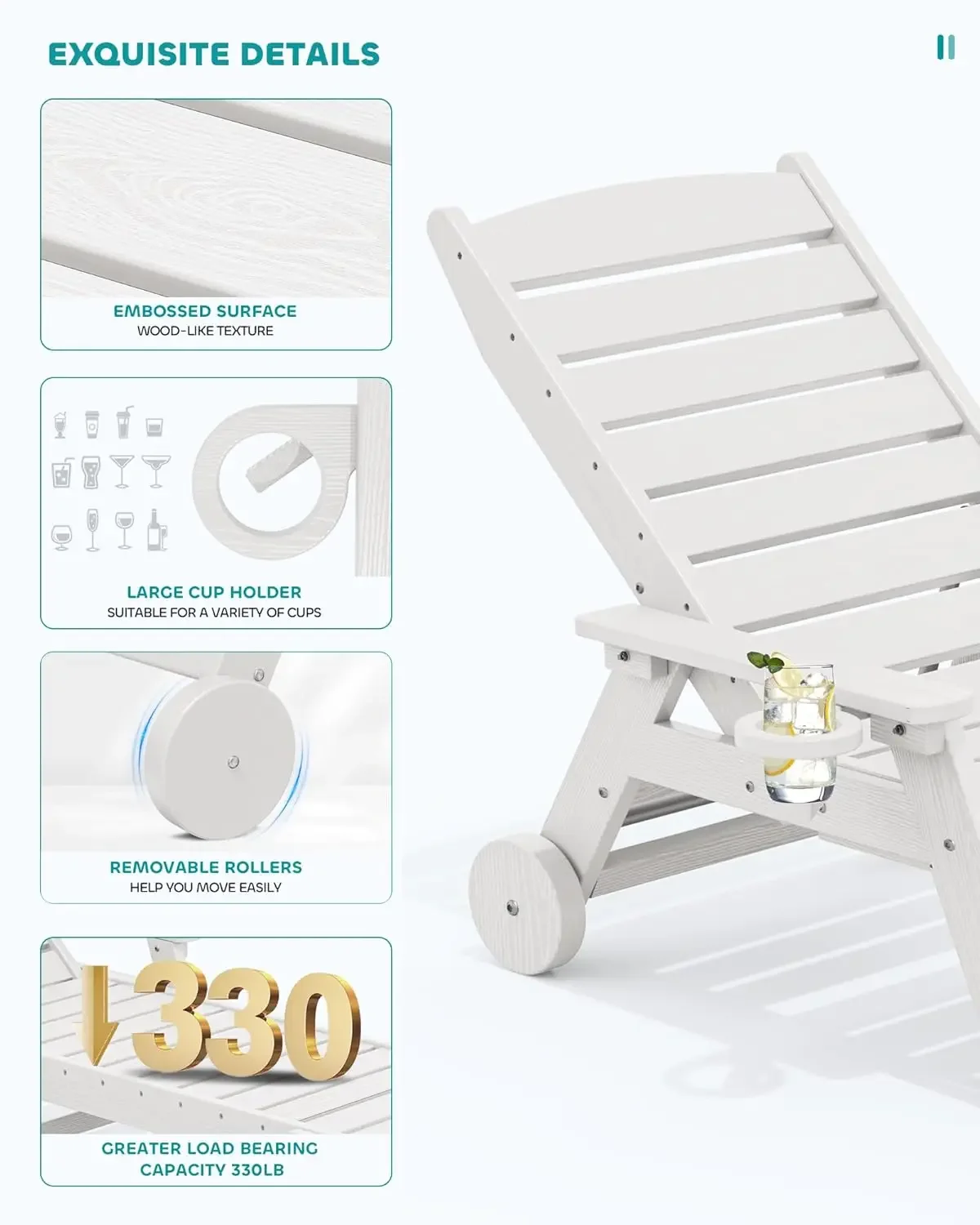 [سعر مخفض! ]مجموعة كراسي صالة فناء مكونة من 2 إلى 78 بوصة طويلة و5 أوضاع قابلة للتعديل HDPE للاستراحة الخارجية لصالة PoolPoly