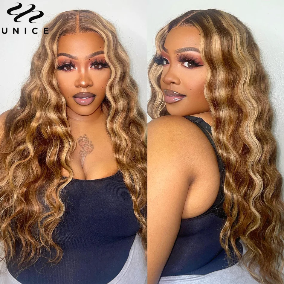 Unice Hair 3D Body Wave Brown Blonde Highlight 13x4 Lace Front Human Hair Wig Pre Cut Pre Bleached Pre Plucked Lace Frontal Wig