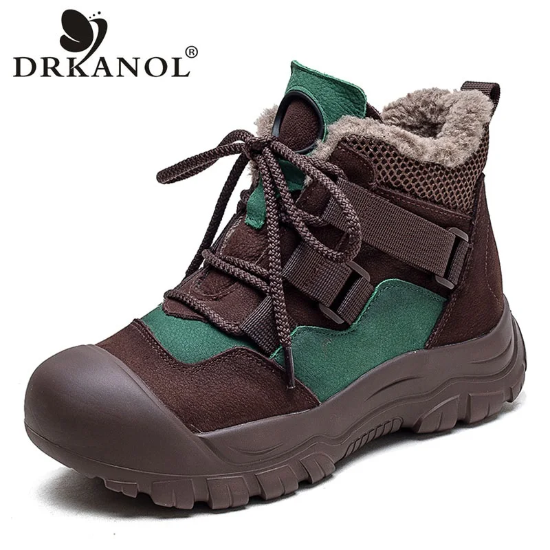 

DRKANOL Women Boots 2024 Winter Warm Shoes 100% Genuine Cow Leather Mixed Colors Flat Platform Comfort Trend Lace-Up Ankle Boots