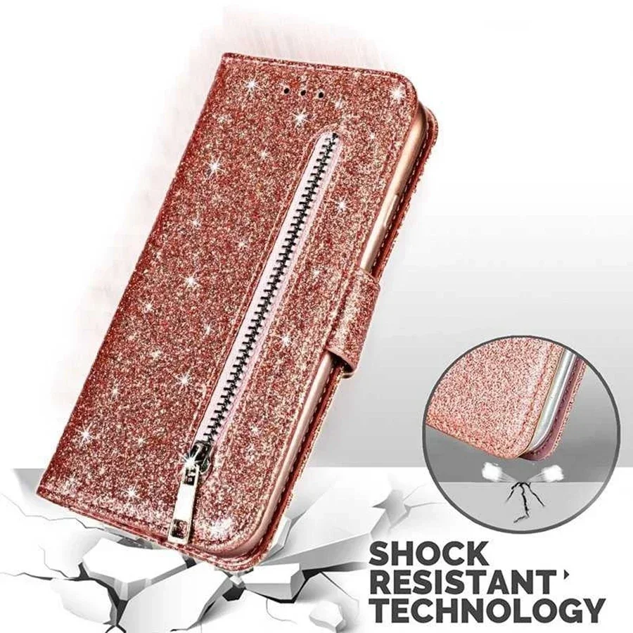 Funda de cuero con purpurina para Samsung Galaxy A05s, A13, A14, A15, A23, A24, A25, A32, A33, A34, A35, A41, A51, A52, A53, A54, A55, A71