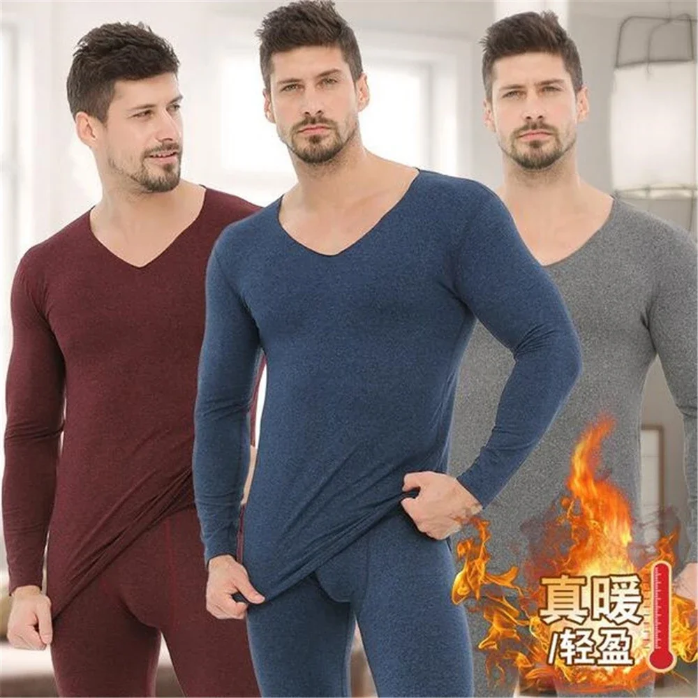 Autumn Winter Thermal Underwear Men Long Johns Men Thermal Underwear Set V-Neck Seamless Underwear Thermal Pants+top