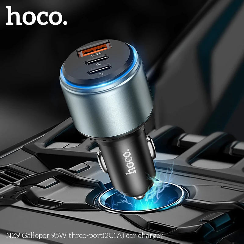 

HOCO NZ9 95W 3 Ports Car Charger for Iphone Samsung in Car Type-C Fast Charging for Mobile Phone Quick Chargers Cigarette Port