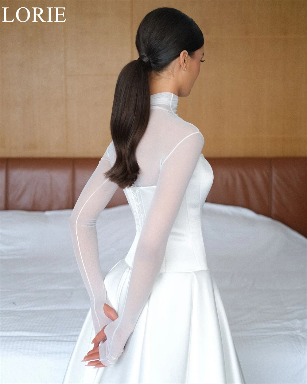 LORIE Elegant Satin Wedding Dresses A-Line High Neck Long Sleeves Pleated Bride Prom Gown 2025 Modest Bridal Gowns Customized
