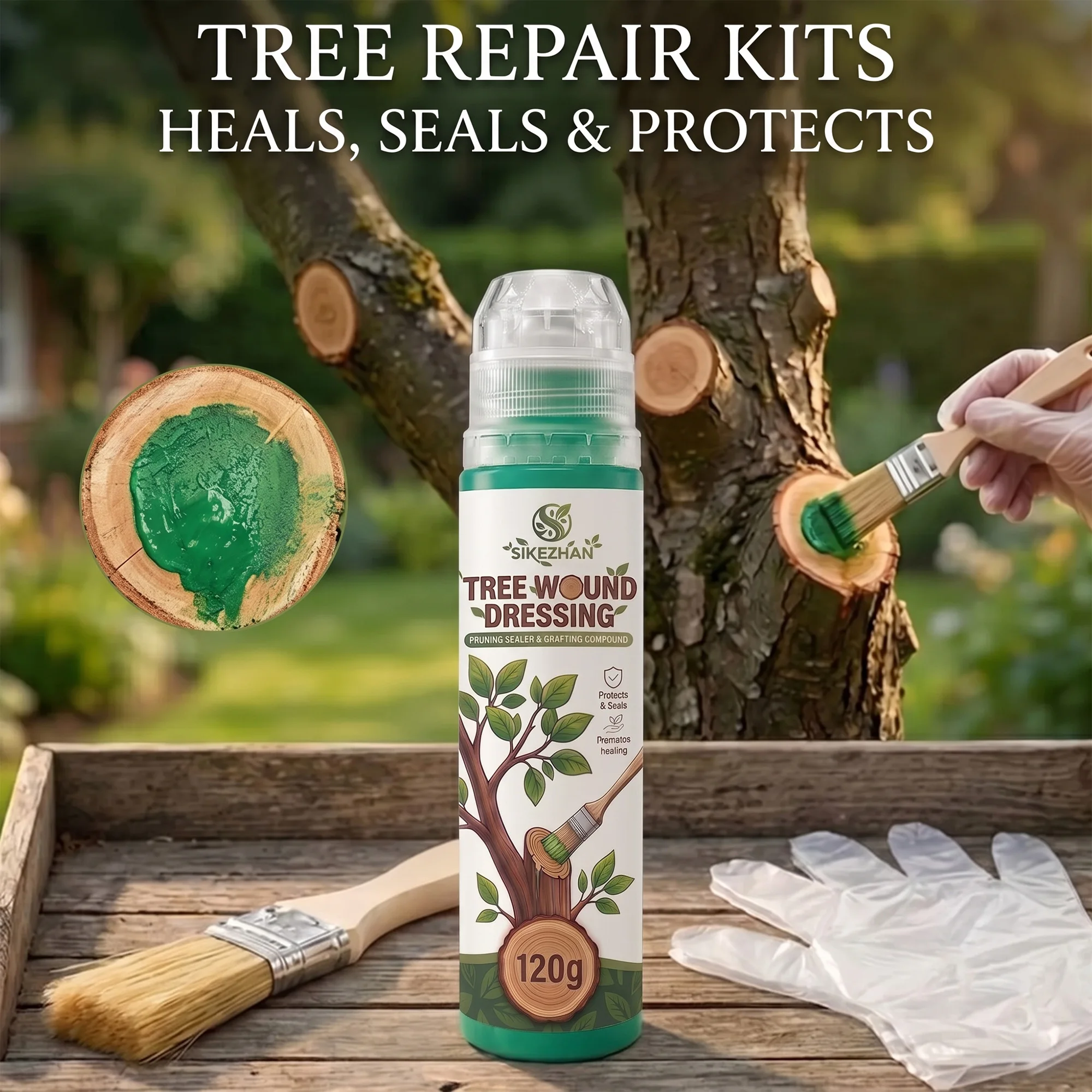 Tree Wound Sealer Kit with Brush & Gloves, Waterproof Pruning Compound for Garden Fruit Trees & Shrubs, Fast Healing, 120g
