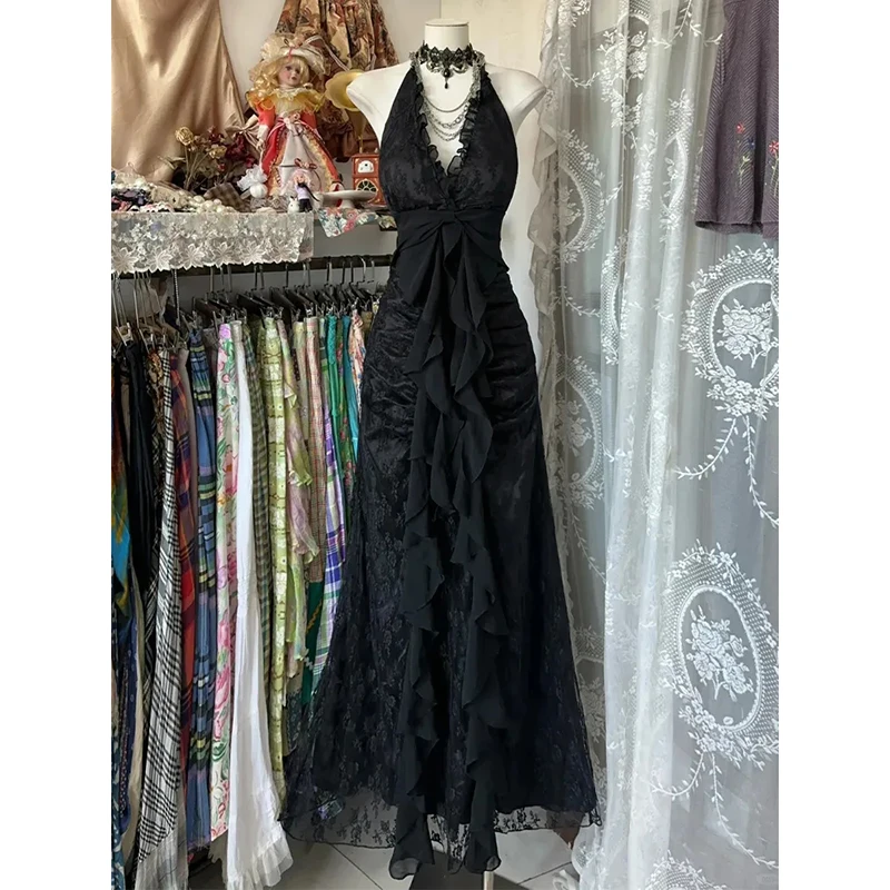 

Vintage Slim Slash Neck Sleeveless Dress Women Y2K Gothic Black V Neck Dresses Summer High Street Chic Skinny Elegant Vestidos