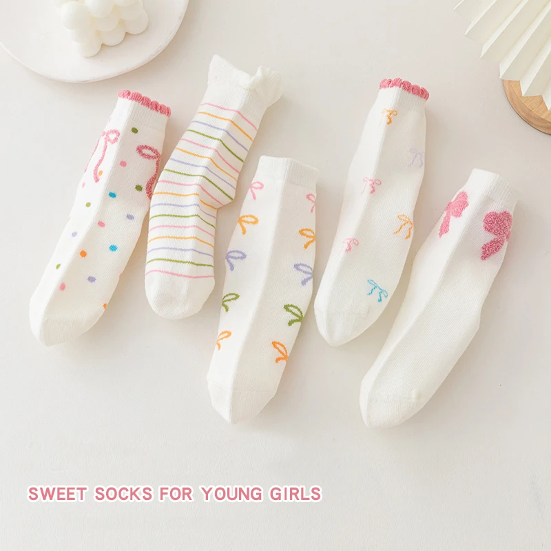 5 Paar Fliegen für Kinder und Mädchen, mittelhohe Socken, süße ausgewählte gekämmte Baumwolle, solide, atmungsaktive, bequeme Kindersocken für Mädchen – Detail 5