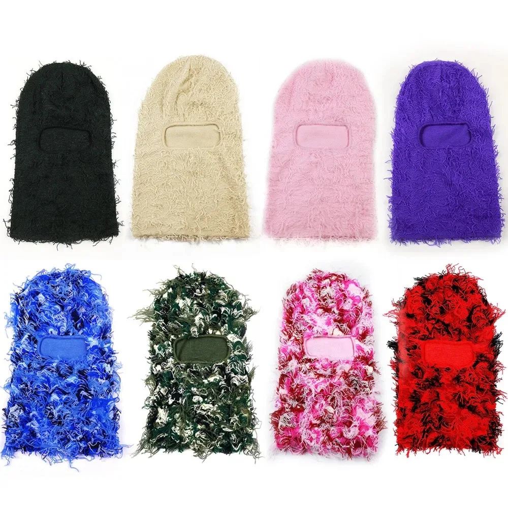 1PC Fuzzy Balaclava Hat Full Face Cover Ski Mask Knitted Beanies Distressed Winter Windproof Warm Bicycle Neck Camouflage Cap view 2