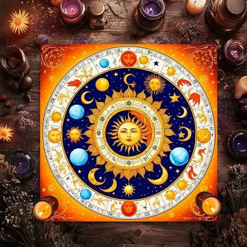 VIKAMA Retro Sun Moon Star Chart Tarot Tablecloth Altar Divination Spiritual Underworld Divination Desktop Decoration